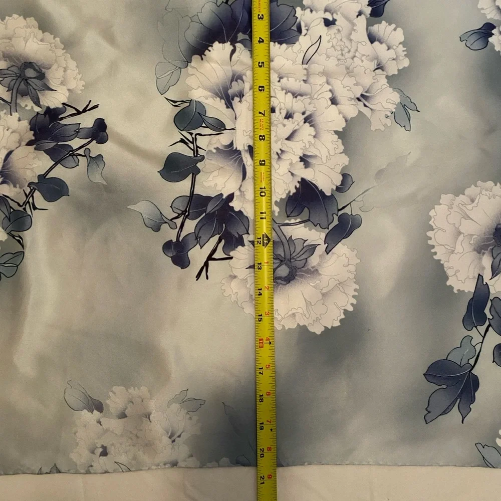 100% Silk Hand Stitched Floral Blue and Gray Oblong Scarf